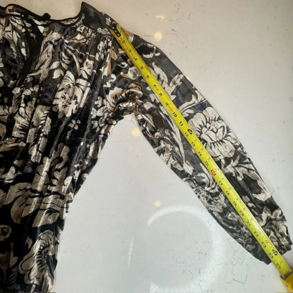 Anthropologie Faustine Velvet Floral Peasant Blouse L Boho Smocked Top